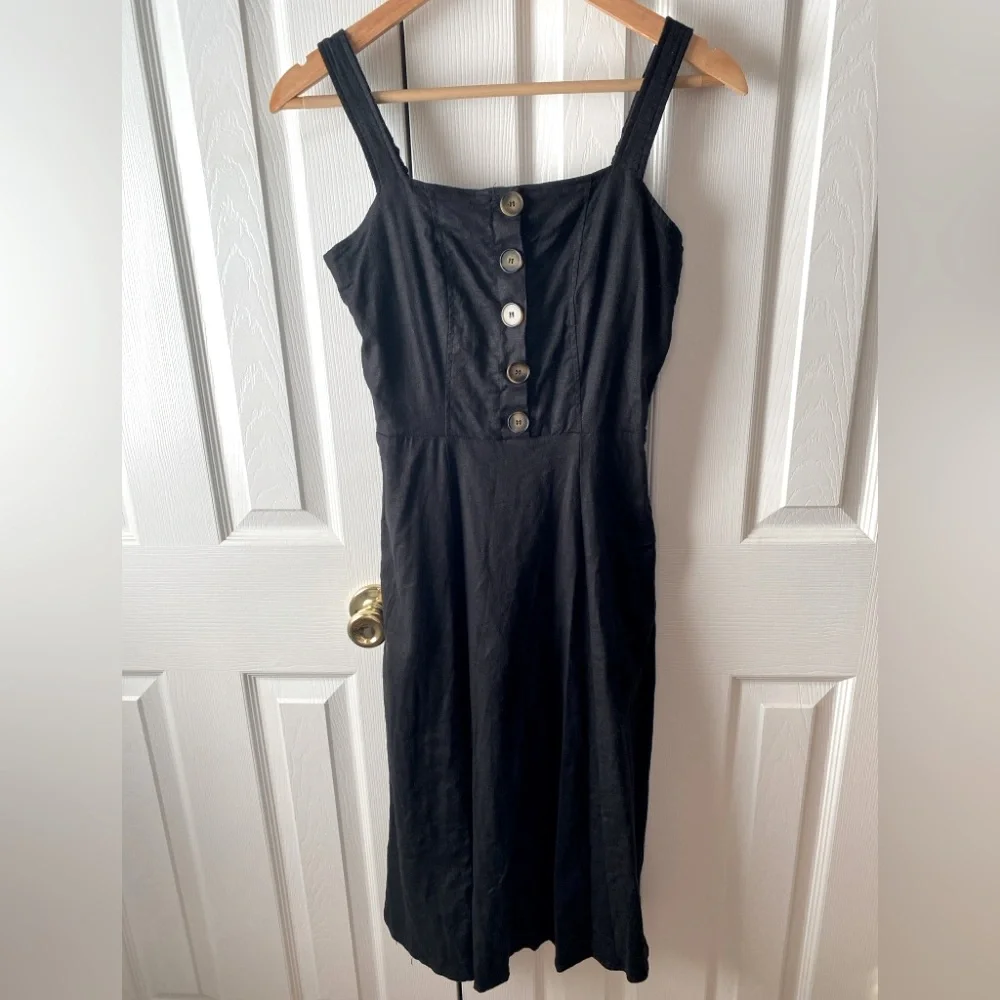 RESET by JANE‎ Black Linen Blend Lagenlook Square Neck Fit n Flare Midi Dress M